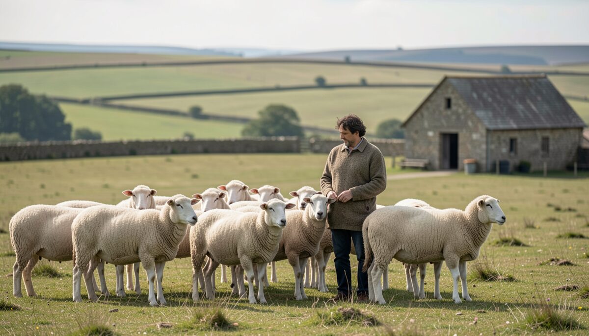 A shepherd with a flock of sheep on a causse landscape, with a stone barn in the background.