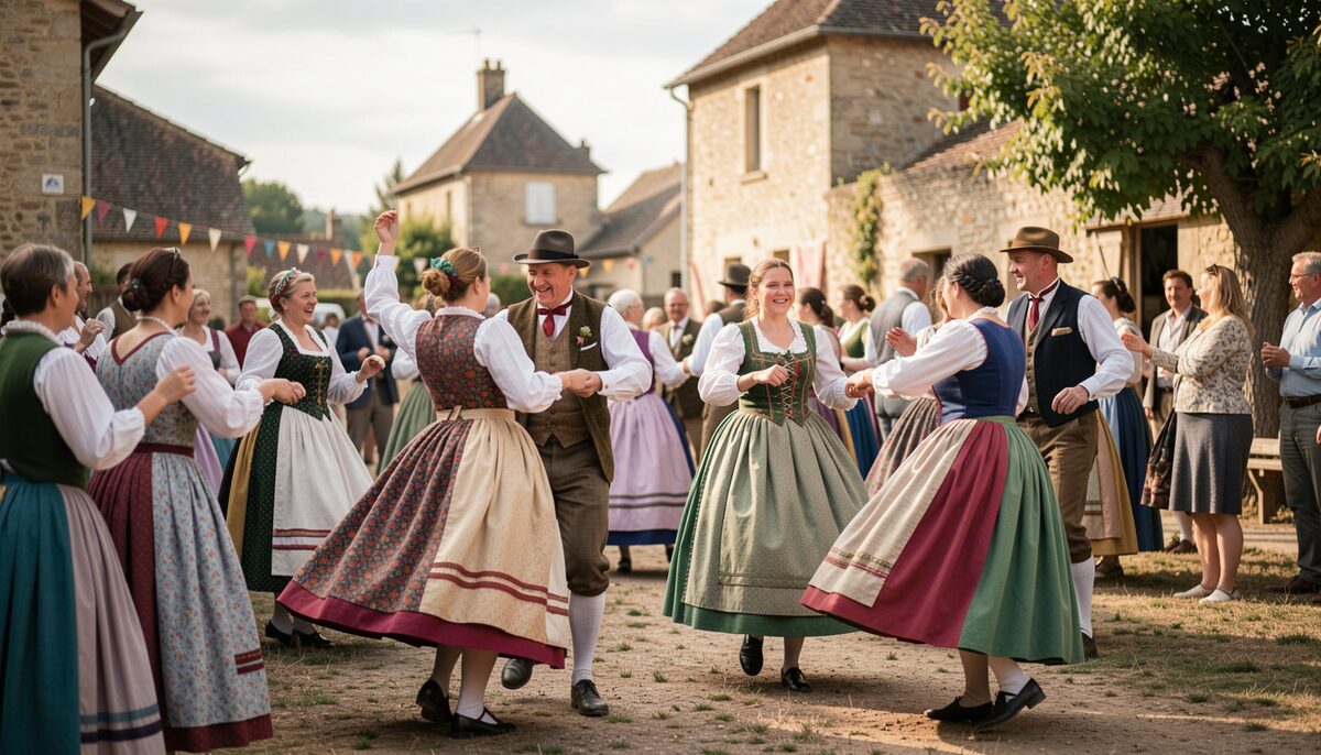 A traditional festival in a Rouergue village with people in local costume dancing.