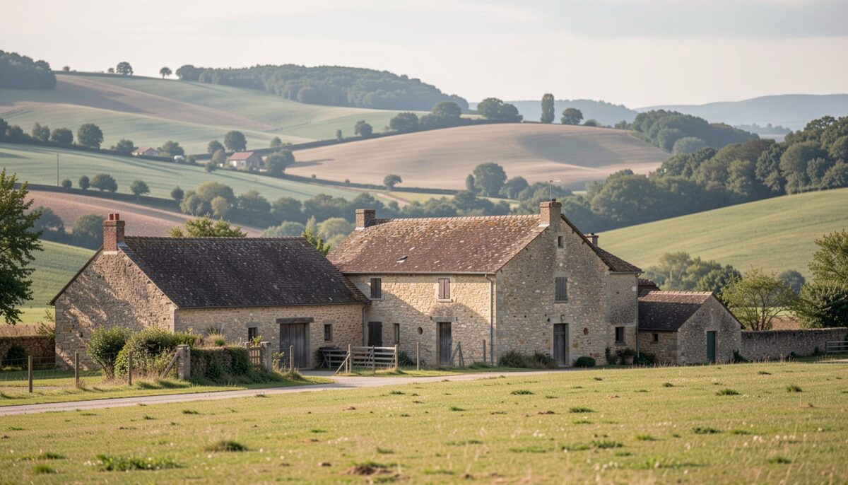 A rural landscape in the Rouergue with old stone farm buildings and rolling hills.