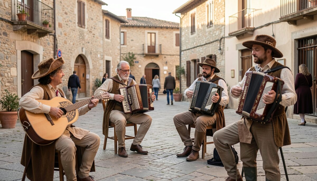 Musicians playing traditional Occitan instruments like the cabrette and accordion in a village square.