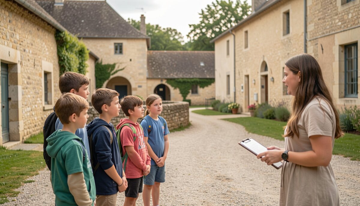 Schoolchildren on a guided tour of a historic site in the Rouergue, listening to an animator.